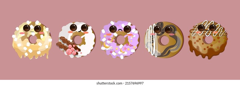 Set of five multicolored donuts on a pink background. For the design of bakeries, cafes, and for stickers.