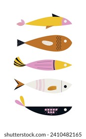 conjunto de cinco peces multicolores con diferentes patrones. pescado, mar, océano. Cartel del interior. A mediados de siglo. Obtenido a mano. Ilustración vectorial.