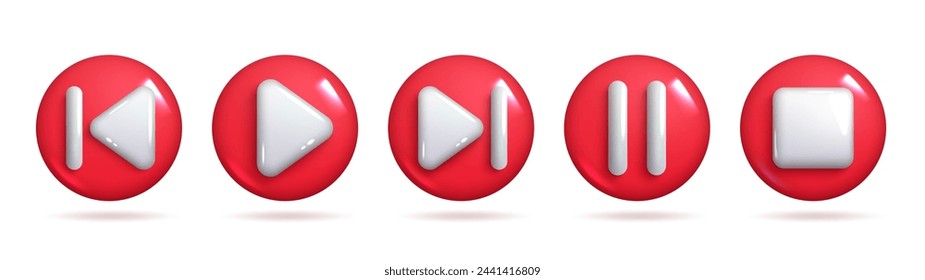 A set of five multimedia control buttons (play, pause, stop, rewind, fast-forward) in a modern 3D style with a transparent background. The icons are red with white accents. 3d Set of Vector Icons.