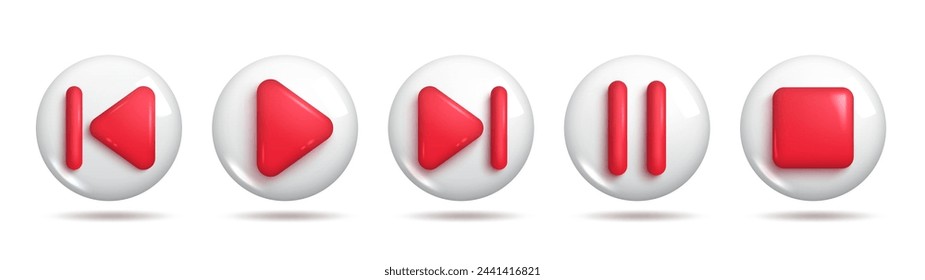 A set of five multimedia control icons (play, pause, stop, rewind, fast-forward) in a glossy 3D style with a transparent background. 3d Set of Vector Icons.