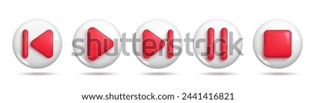 A set of five multimedia control icons (play, pause, stop, rewind, fast-forward) in a glossy 3D style with a transparent background. 3d Set of Vector Icons.