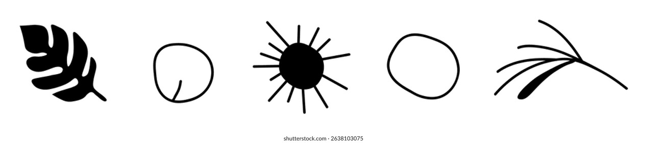 Set of five natural icons isolated on  white background. In black and white, leaves and abstract shapes. Environment, nature, flora. Decoration for postcards, posters, business cards, invitations.
