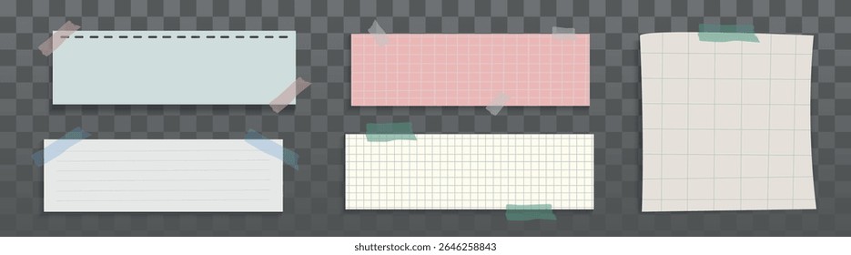 Conjunto de cinco papéis de notas gravados em um fundo transparente. Inclui papéis em grade, com linhas e simples. Papéis de notas são gravados, ideal para lembretes ou mensagens. Conjunto de ilustrações de vetor de memorando bonito.