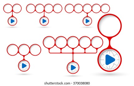 Set of five object with circular text areas and play icon