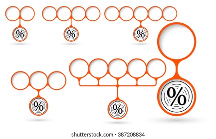 Set of five object with circular text areas and percent symbol