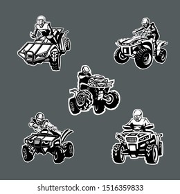 Set of five one color quad bikes in different angles on dark background.