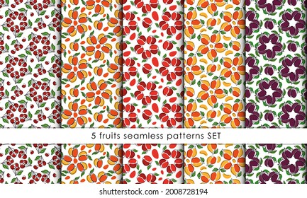 Mit fünf Oneline-Früchten nahtlose Muster (Apfel, Birne, Aprikose, Kirsche, Pflaumen).Vektor handgezeichnet gesunde Lebensmittel Hintergründe.Für Gewebe, Textilien, Bundner, Poster, Tapeten und andere Designs.