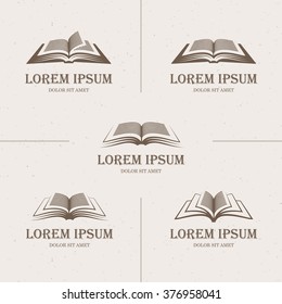 Set of five open books icons with text in retro style