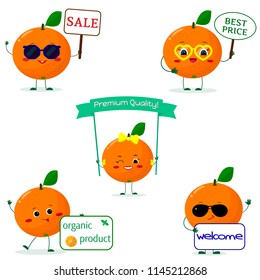 A set of five oranges  in cartoon style. With different plates and glasses. Flat, vector.