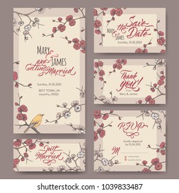Set of five original wedding cards based on blooming plum color sketch and brush calligraphy. Wedding invitation, save the date, RSVP and thank you card for bridal design. Hand drawn floral postcard.