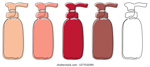 A set of five outline bottles drawn with one line with dispensers with colored substrates and one without it on a white background. For shampoos, liquid soaps, balms, etc. Vector.