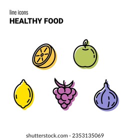 Set of five outline colored Healthy Food icons, fruit symbols, vector pictograms, logos, outline drawings, orange, apple, lemon, blackberry and fig.