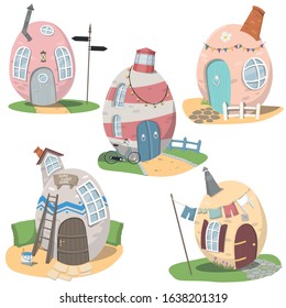 Set of five oval houses with exterior on a white background. Vector illustration