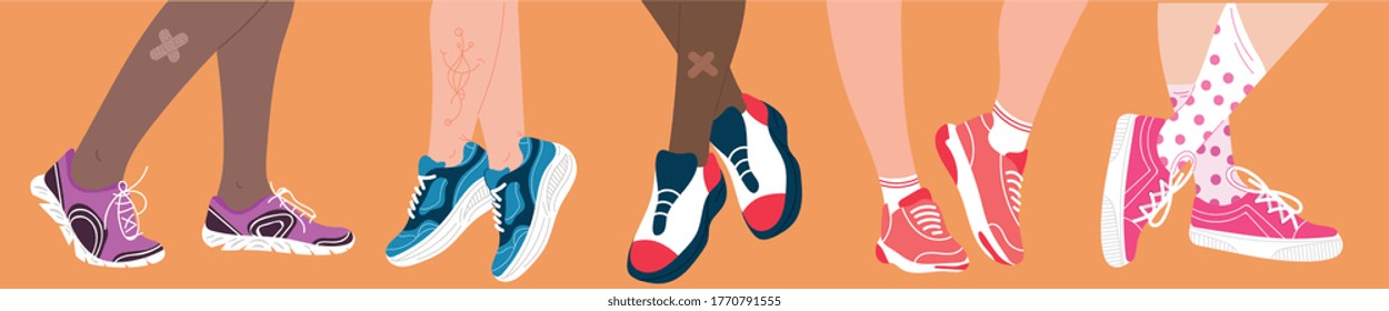 Set of five pairs of feet of diverse people wearing colorful sneakers of different designs on an orange background in a fashion concept, colored vector illustration