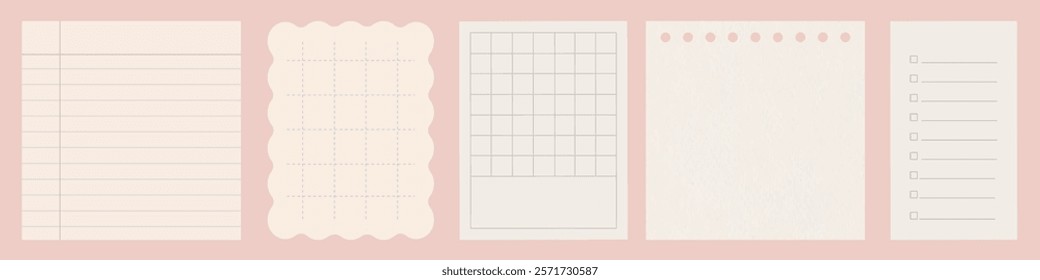 Set of five paper templates: lined, scalloped, grid, perforated, and checklist. Perfect for notes, lists, and planning. Versatile paper designs for various uses. Memo element vector set.