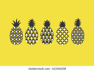 Set of five patterned decorative pineapples. Vector illustration.