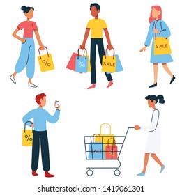 Set of five people on white background with shopping bags and a stroller. Flat style modern vector illustration on shopping theme. 