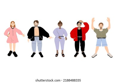 A set of five people,men and women different nationalities ,gestures and emotions. For banners, advertisements, magazines, books, postcsrds, icons.