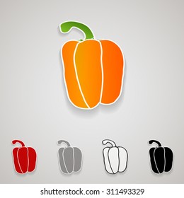 Set of five peppers of different colors. Design for logo or emblem. Healthy vegetable. Vector illustration.
