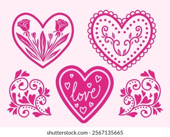 Set of five pink heart designs featuring floral patterns, swirls, and the word "love" in a hand-drawn style. Perfect for Valentine's Day, greeting cards, and romantic-themed designs.