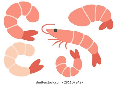 Set of five pink shrimp and prawns in different poses, including curled and whole forms, arranged on a white background in a simple flat style.