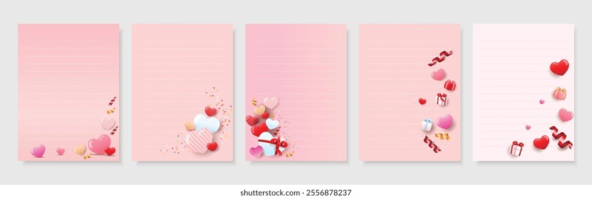 A set of five pink Valentine's Day themed stationery sheets with lined writing spaces, decorated with hearts, gifts, and confetti. Perfect for notes, letters, and journaling.