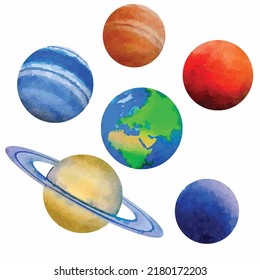 Set of five planets of the solar system isolated on white background. Watercolor style. Vector illustration. Cartoon Clipart