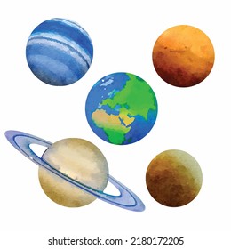 Set of five planets of the solar system isolated on white background. Watercolor style. Vector illustration. Cartoon Clipart