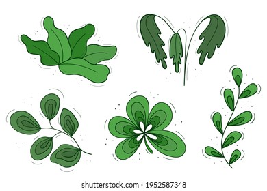 A set of five plants with flowing leaves and loops. Colored isolated doodle objects on a white.