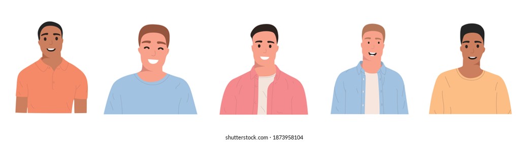 Conjunto de cinco retratos de diferentes personas con cara detallada y emociones, aislados en fondo blanco. Un equipo de diferentes trabajadores, cortados al pecho. Aislado en blanco, listo para usar