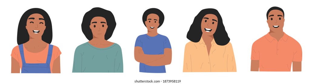 Conjunto de cinco retratos de diferentes personas con cara detallada y emociones, aislados en fondo blanco. Un equipo de diferentes trabajadores, cortados al pecho. Aislado en blanco, listo para usar