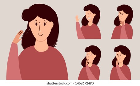 Set of five portraits of a girl. Different emotions - laughing, thoughtful face, shocked face and smile face. Woman emoji character with different expressions. Cartoon illustration in flat style 