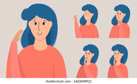 Set of five portraits of a girl. Set of five faces. Different emotions - laughing, thoughtful, shocked and smile. Woman emoji character with different expressions. Cartoon illustration in flat style 