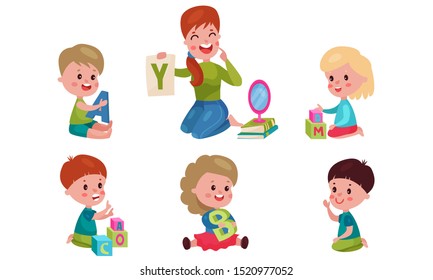 Set With Five Preschoolers Studying Alphabet With Nursery-Teacher Vector Illustrations Cartoon Characters