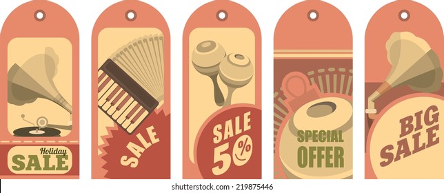 set of five price tags with discounts for a music store or shop in a retro style