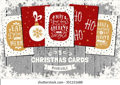 A set of five printable Christmas greeting cards in red, white and golden yellow. Gray wood planks background, snowflakes frame, traditional Christmas symbols and elements.