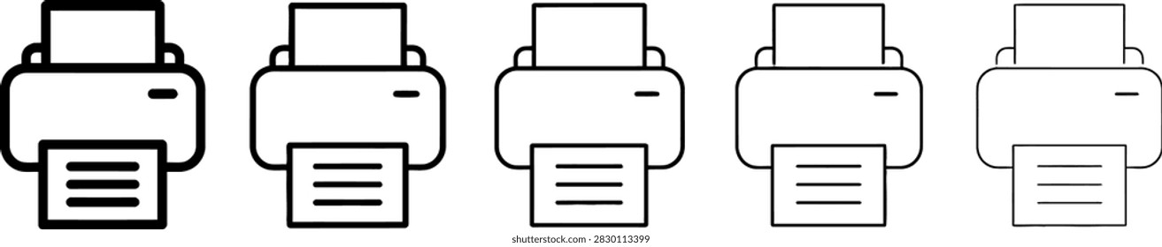 A set of five printer icons displayed in a row, ranging from bold solid black designs to thin outline line art styles on a white background.