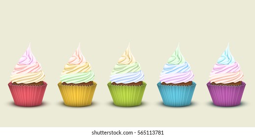 Set of five rainbow cupcakes in multi-colored wrappers with a large number of multilayer twisted-cream of different colors. 3D simulation
