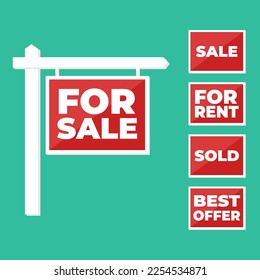 Conjunto de cinco letreros inmobiliarios. En venta, en alquiler, venta, venta, mejor oferta. Ilustración vectorial.