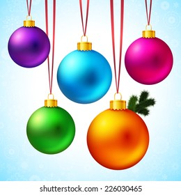 Set of five realistic and colorful Christmas balls hanging on a red ribbons. Vector illustration.