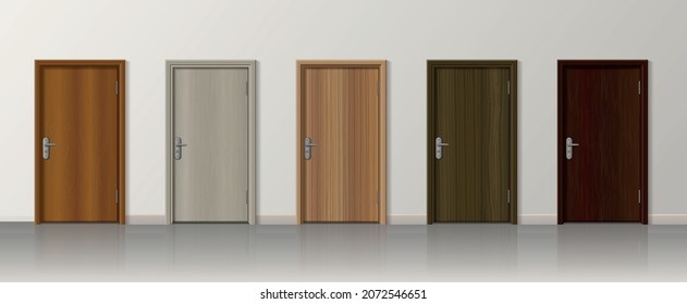 Set of five realistic doors with floor reflections and wall with wooden finish and metal handles vector illustration