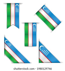 Set of five realistic flags of the Republic of Uzbekistan. Uzbek flags isolated on white background. Corner and vertical banners. Vector illustration.