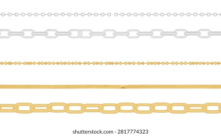 Set of five realistic jewelry chain links including gold, silver, and copper metallic finishes on white background.