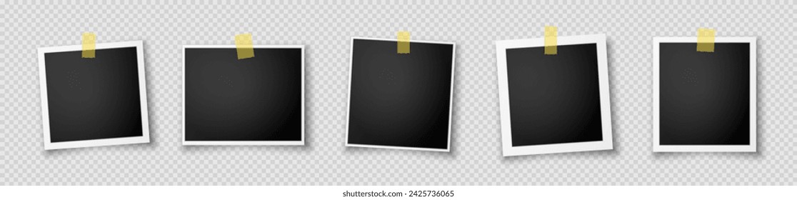 A set of five realistic photo frames with black inserts and sticky tapes. Retro photo frames with a shadow highlighted on a transparent background. Vector EPS 10.