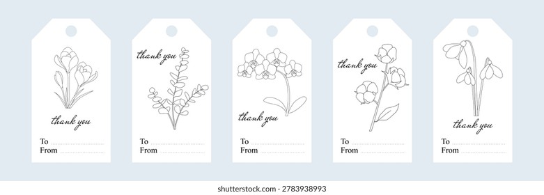 Set of five rectangular gift tags with floral line art and elegant thank you text, featuring crocus, eucalyptus, orchid, rose, and snowdrop, with To and From fields for personalization