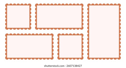 Set of five rectangular and square frames in retro style with wavy smooth edges. Vector illustration of templates for photos, text, pictures, stickers, backgrounds for design.