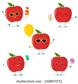 A set of five red apple Smiley in cartoon style. In glasses with ice cream, with a balloon, with a lollipop, with juice, with a selfie phone. Flat, Vector illustration.