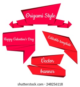Set of five red  banners. Origami speech bubbles.