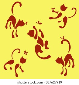 set of five red cats with butterfly