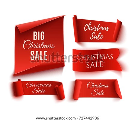 Set of five red, Christmas Sale, realistic, paper banners. Vector illustration.